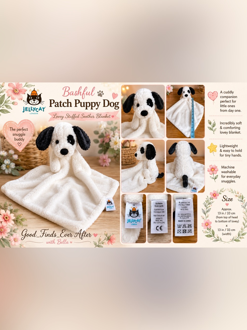 Jellycat Bashful Patch Puppy Dog Lovey Stuffed  HTF Soother Blanket